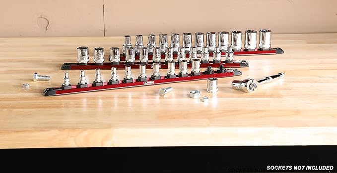 ARES 60169 – 3/8-Inch Drive 15.5-Inch Red Twist Lock Magnetic Socket Rail - Store up to 12 Metric or SAE Sockets and Keep Your Tool Box Organized – Magnetic Base for Easy Socket Organization