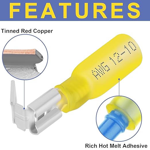 haisstronica 120PCS Yellow Heat Shrink Piggyback Spade Connectors, 12-10 AWG Piggyback Wire Connectors, Quick Disconnect Piggyback Terminals