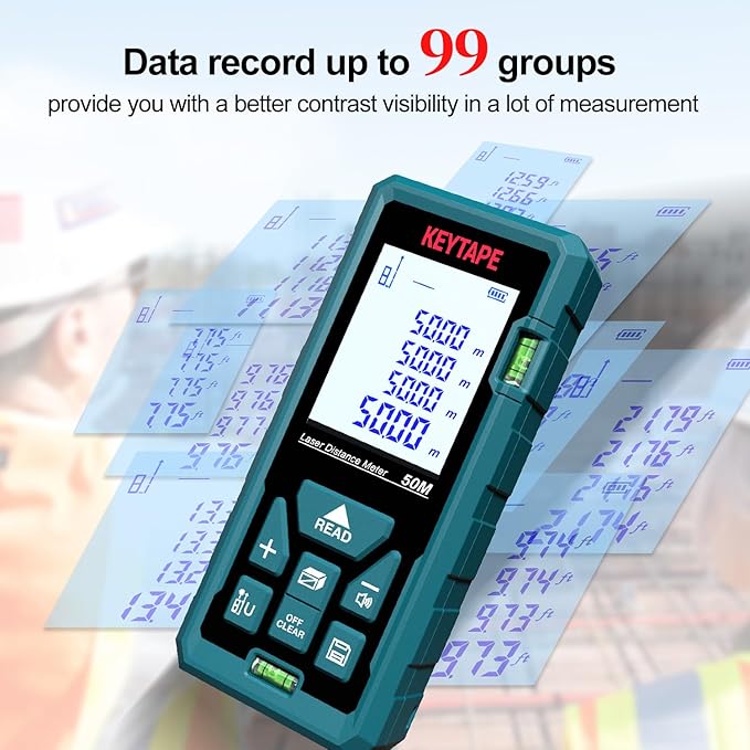 Laser Measure 328ft KEYTAPE Laser Distance Measure with Real Time, Upgraded M/in/FT/FT+in Unit Switching Backlit LCD and Pythagorean Mode, DT100 Portable Handle Digital Measurement Tool Range Finder