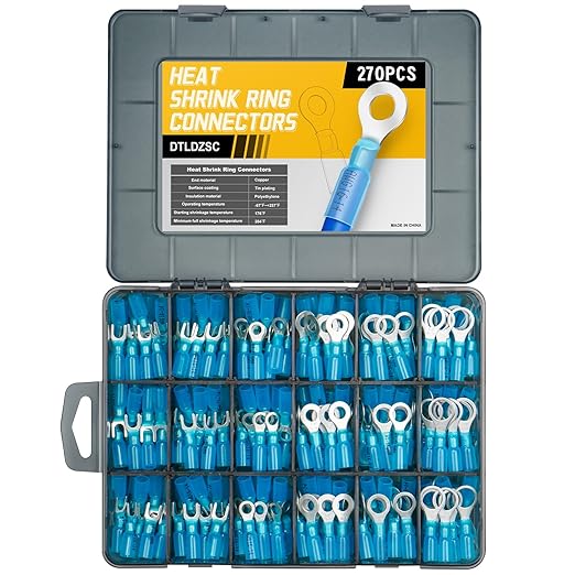 270PCS Marine Grade Heat Shrink Wire Connectors-Electrical Connectors Kit of Tinned Red Copper,Crimp Insulated Ring Fork Spade Butt Splice AWG16-14 Gauge (270pcs Blue, AWG 16-14)