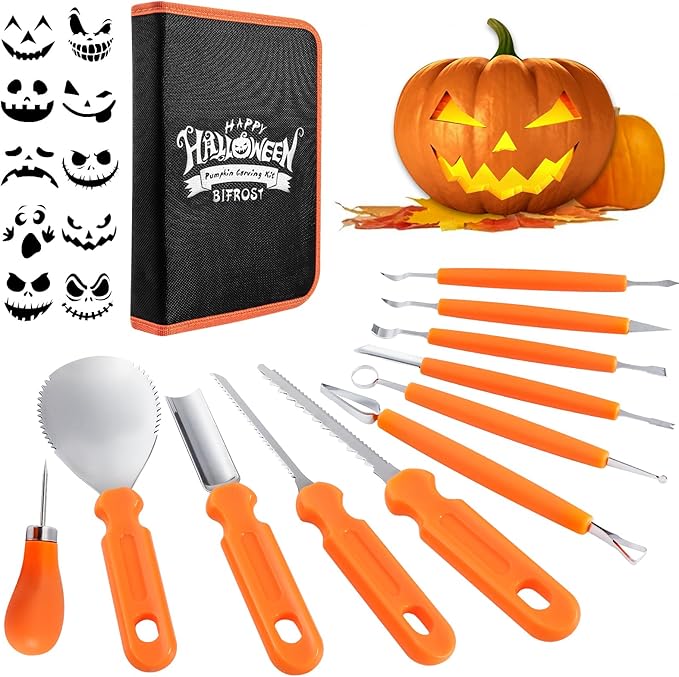 Bifrost Pumpkin Carving Kit, Halloween Pumpkin Carving Tools 22 Piece Premium Stainless Steel Tool Set with Stencils & Convenient Storage Bucket for Effortless Halloween Decorating