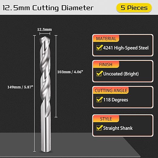 Drill Bit, 12.5mm Cutting Diameter, 4241 HSS 118° Cutting Angle Uncoated Bright Versatile Jobber Bits - (Applications: for Drilling Plastic Wood Soft Metal), 5-Pieces