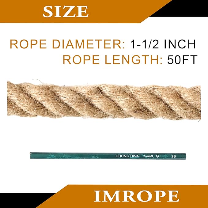 Natural Jute Rope, 1.5 Inch Diameter, 50 Ft Long, 4 Strand, DIY Arts & Crafts, Garden & Home Decor, Hammock & Tug of War Rope