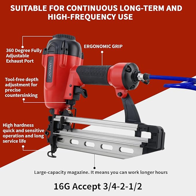 Pnumatic Finish Nailer,16Gauge nail Gun Acepts 3/4 Inch up to 2-1/2 Inch finish Nails.Brad Nailer Gun Can Hit Hardwood Ideal for Upholstery (Include 6m Air tube,1*Nail puller & Portable Bag)