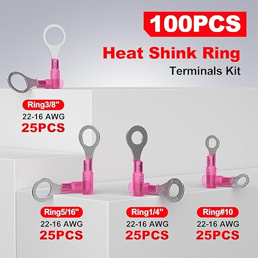AIRIC 22-16 AWG Heat Shrink Ring Terminals Kit #10 1/4" 5/16" 3/8", Copper Terminal Connector Ends, Battery Cable Lugs, Red Electrical Crimp Connectors, Wire Lug for 22, 20, 18, 16 Gauge Wires, 100PCS