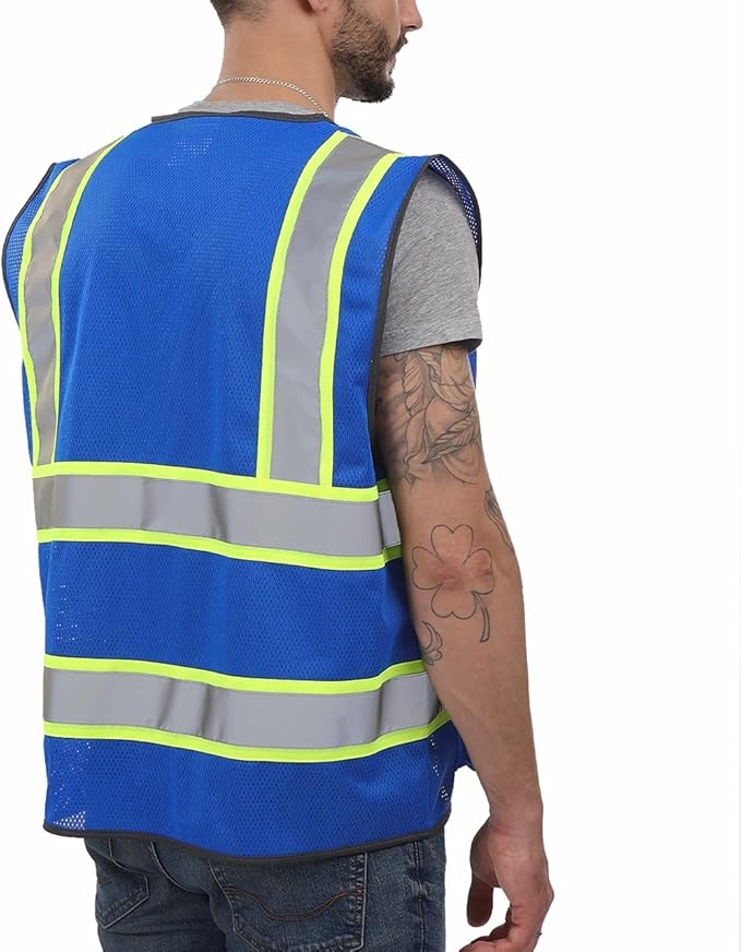 Dib Safety Reflective Mesh Vest High Visibility Two Tone with Pockets and Zipper, Blue Mesh with Yellow Trim S
