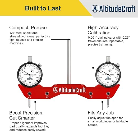 Precise Mill and Lathe Tramming System Tool, Machine Calibration for CNC Router and Mini Mill, 0.001” Dual Dial Indicators, 1/4" Shank