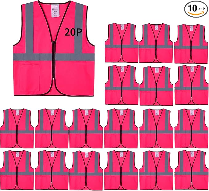 Pink Safety Vests 10 Pack - Reflective High Visibility Construction ANSI Class 2 Work Vests for Men,Woman with Zipper,Hi Vis Mesh and Neon Silver