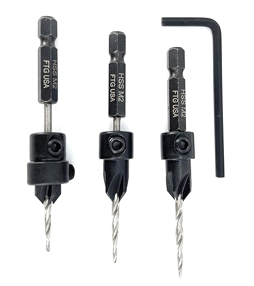 FTG USA Countersink Drill Bit Set for Wood with Tapered Drill Bit 3 Pc #4 (7/64")