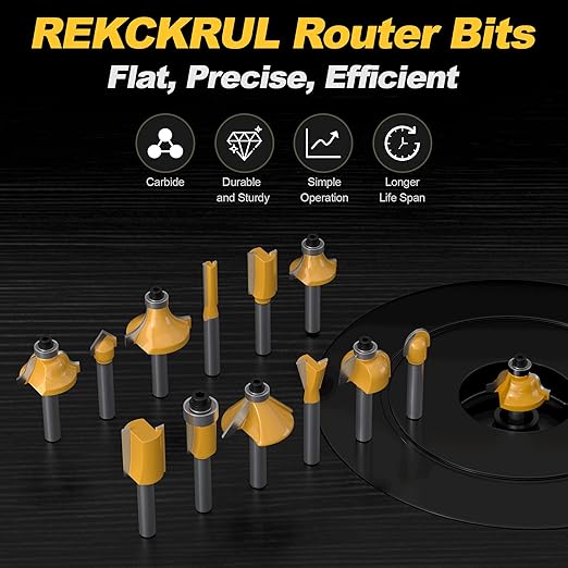 12 Pieces Tungsten Carbide Router Bit Set 1/4 Inch Shank for Beginners Woodwork Tools, Including Dovetail, Chamfer, Straight,Over Round, 90 V Grooving, Raised Panel Router Bit