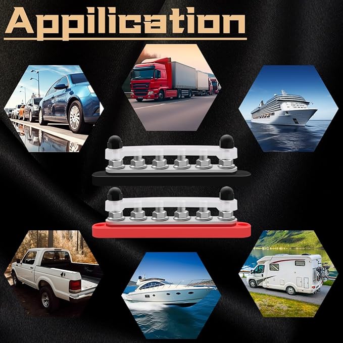 250A 12V-48V Bus Bar Marine Power Distribution Block with Cover with 6 x 5/16”Post,Battery Bus Bar (Pair,Red & Black),Automotive Busbars 12 Volt for Car Boat Solar Wiring