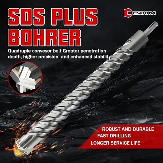 CSOOM SDS Plus Rotary Hammer Drill Bit 1-1/4"x18.11", Professional Concrete Drill Bit for Concrete, Brick, Stone and Cement Walls