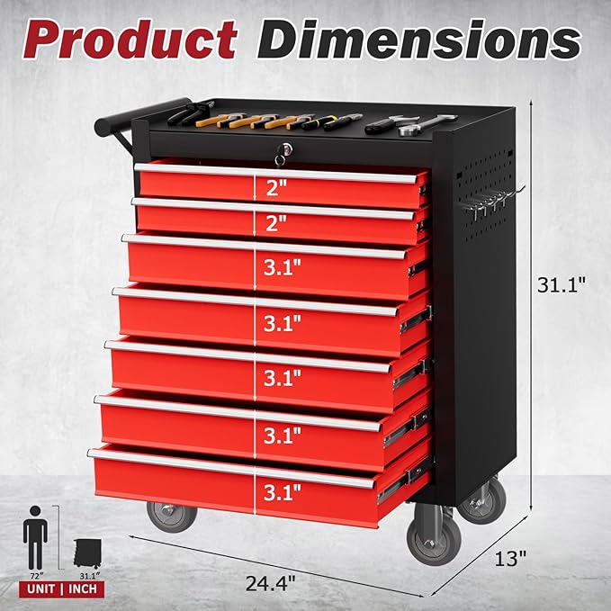 Rolling Tool Chest with Drawers, 7 Drawers Tool Chests & Cabinets, Metal Toolbox with Wheels, Lockable Storage Cabinet, Garage Tool Box with Drawers (BlackRed, 7 Drawers)