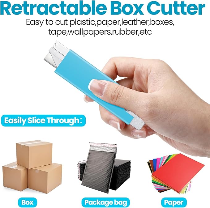 Lasnten 48 Pieces Box Cutters Bulk Retractable Cardboard Cutter Single Edge Handy Mini Box Knife Razor Blade Cutter Iron Body Utility Knife for Paper Packages Letter(Light blue)