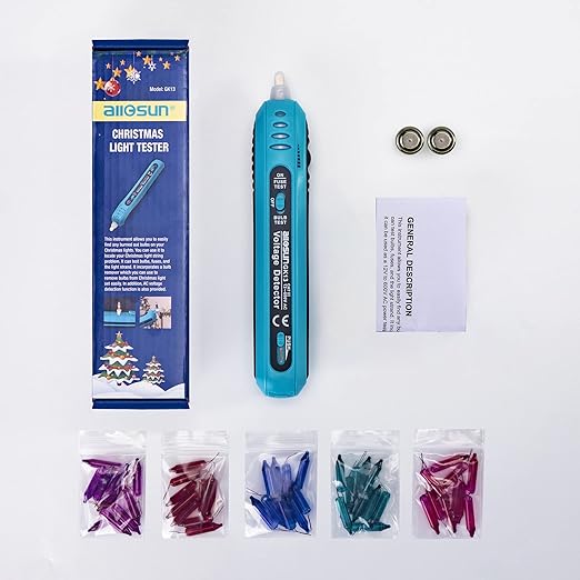 allsun 12-600Vac Christmas Light Tester with 50 pcs of 2.5 Volt Replacement Bulbs, BT20 Digital Battery Tester Electrical Test Kit