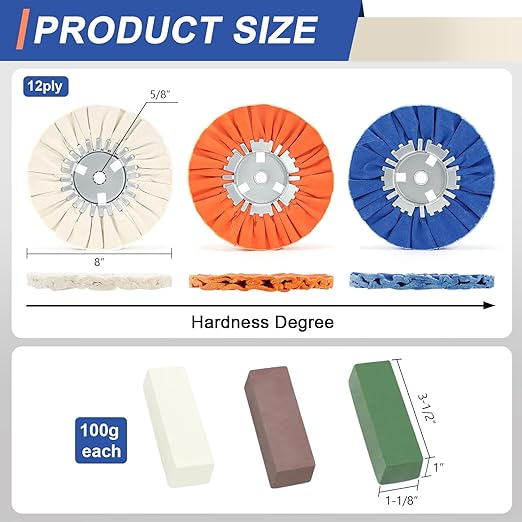 8 Airway Buffing Wheel Kit Polishing Wheel and Polishing Compound for Angle Grinder 8" in Diameter 5/8" in Arbor Hole Aluminum Metal Buffing Wheels Kit 6 Pcs
