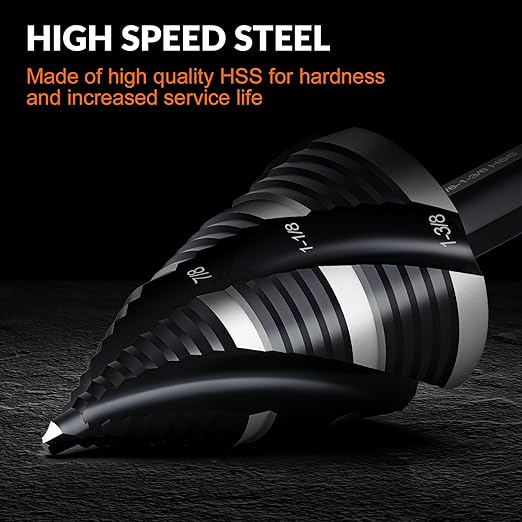 THINKWORK Four Spiral Flute Step Drill Bit, HSS Step Drill Bit3/16-1-3/8 (3 Popular Sizes) Unibit Step Drill Bit, 1/4" Shank Step Bits for Aluminum, Wood, Plastic, Metal