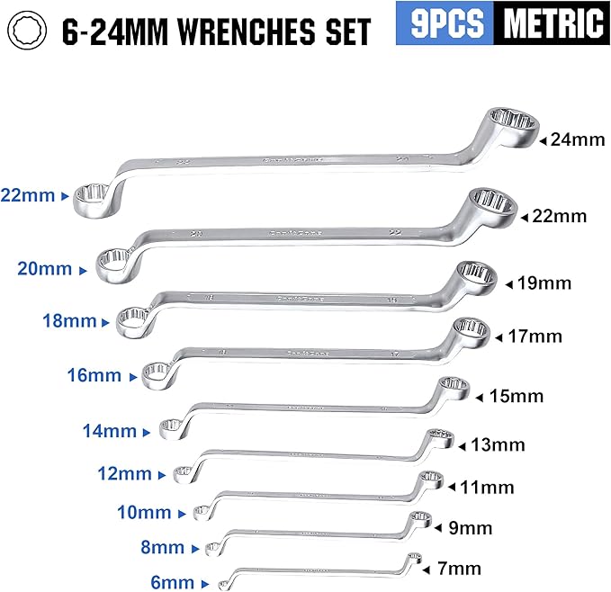 9pcs Double Offset Box End Wrenches Set, Metric Ratcheting Wrench Set, CR-V Steel with Rolling Pouch