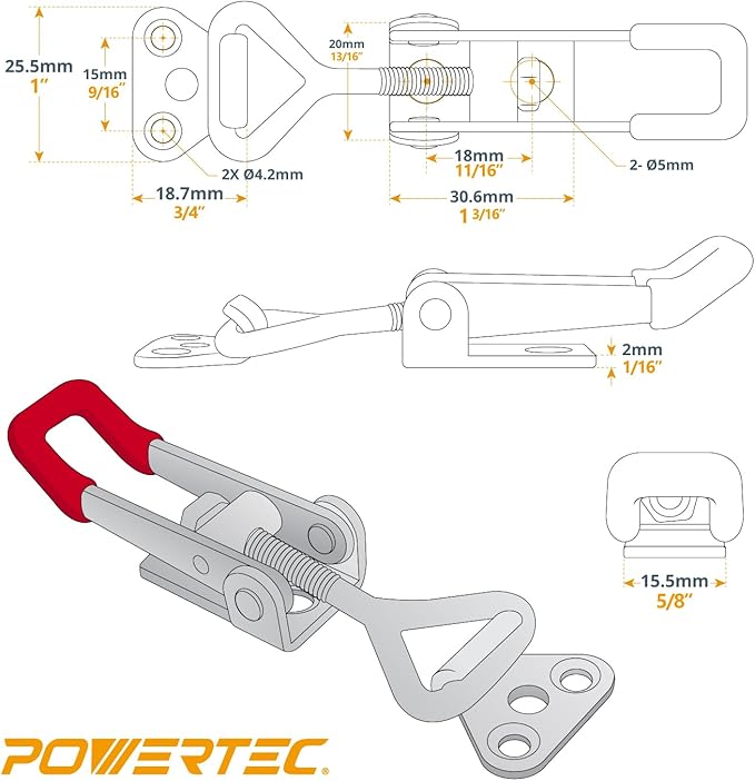 POWERTEC 4PK Toggle Clamp, 220 lbs Holding Capacity, 4001 Adjustable Pull Action Latch for Smoker, Tool Box, Woodworking Jigs and Fixtures, Cabinet, Tool box, Door (20311)