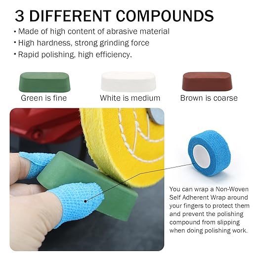 SCOTTCHEN 8inch Buffing Polishing Wheels 5/8" Arbor Hole,Soft/Fine/Medium for Bench Grinder-3PCS,with Buffing Polishing Cutting Compounds 7.4 Oz.Kit,with 2 Pack Non-Woven Bandage Wrap