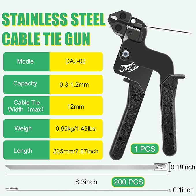 Heavy Duty Stainless Steel Cable Tie Gun Kit with 200 PCS 8.3 Inch Self-Locking Metal Zip Ties, Adjustable Tension & Cutting Tool for Garden Fence Repair, Outdoor Projects, Automotive (8.3'')