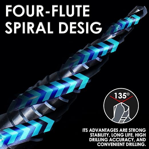 M35 Cobalt Step Drill Bit, Four Spiral Flute Unibit Step Drill Bit (1/8"-1/2") Wear-Resistant TiAlN Coated, 1/4" Hex Shank for Metal, Carbon Steel, Stainless Steel, Wood, Plastic (13 Size)