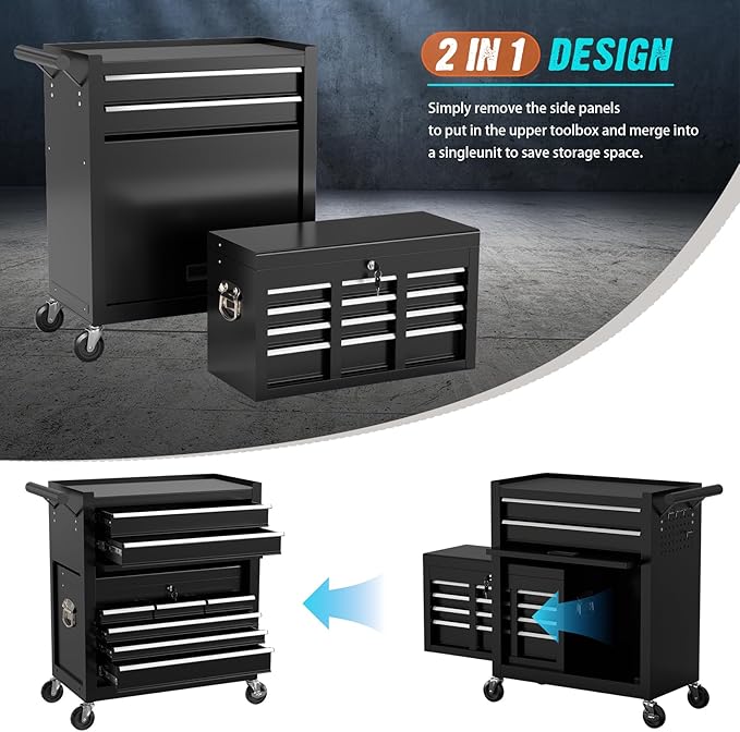8-Drawer Rolling Tool Chest with Wheels, 2-in-1 Detachable Tool Box with Drawers and Large Cabinet, Rolling Tool Chest Storage Cabinet with Lockable for Warehouse, Garage, Workshop (Black)