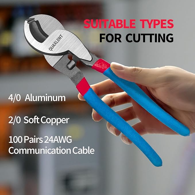 10 Inch Large Cable Cutter Heavy Duty High Leverage Big Wire Cutting Plier Tool for 4/0 Aluminum 2/0 Soft Copper and 100PR 24AWG Comm Cable, Blue