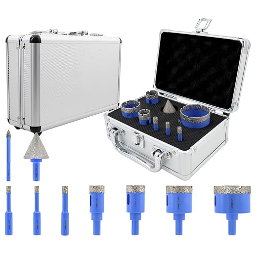 Diamond Tile Hole Saw Kit - 9Pcs 1/4'' X 2, 5/16'', 4/5'', 1'', 1-3/8'', 2'' Drill Bits Set, 1/4'' Carbide Drill Bit, 1-3/8'' Beveling Chamfer Bit for Porcelain Tile Ceramic Granite Marble