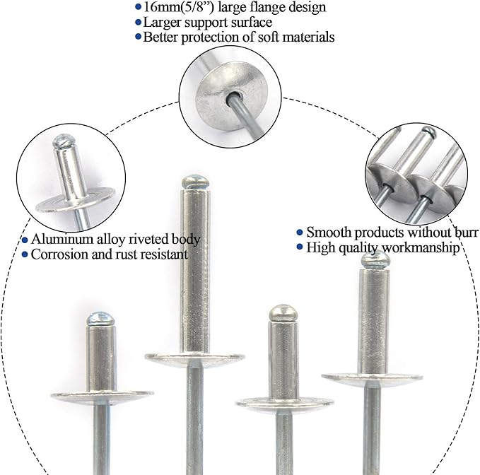 60pcs Large Flange Blind Rivets, Aluminum,Flange Diameter 5/8" (16 mm),Pop Rivets Assortment Kit Blind Rivet,3/16" x 3/4" Inch,Grip Range(13-16mm)