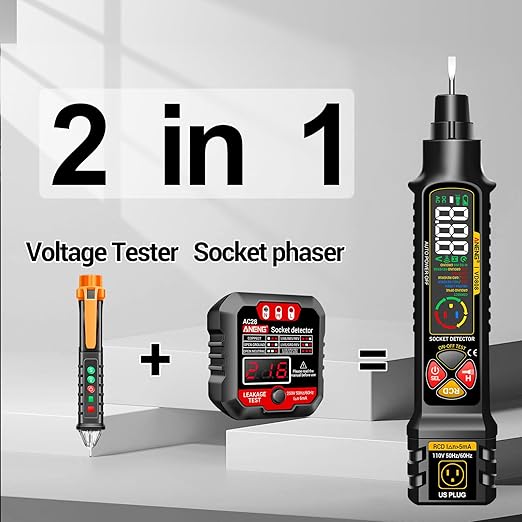 Non Contact Voltage Tester Outlet Receptacle Detector Dual Range AC 2-440V,50Hz-60Hz Live/Neutral Wire Tester with LCD Display,Breakpoint Finder,Light Fuse Checker,Circuit Polarity Wall Plug Tool