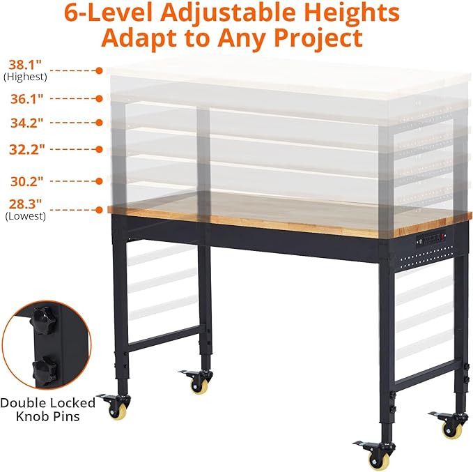 60" Workbench, Heavy Duty Adjustable Height Table with Power Outlets, Portable Garage & Workshop Work Bench, 2000 LBS Capacity, Office, Home Use, Easy Assembly, Multipurpose Utility Table