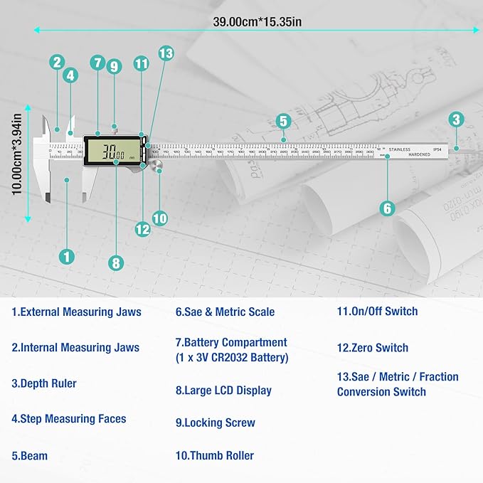 Digital Caliper 12 Inch with Large LCD Screen, Inch/MM/Fraction Conversion, 300mm Micrometer Caliper All Stainless Steel Diameter Measuring Tool for Jewelers/Woodworkers/DIY