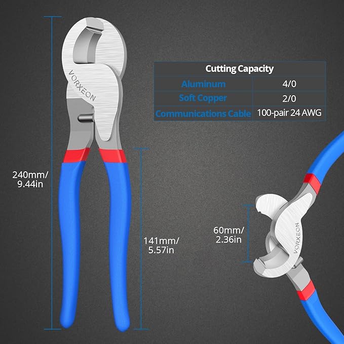 Cable Cutters 10 Inch Heavy Duty Wire Cutter High Leverage Cutter Tool Big Wire Cutters, Electrical cable cutters For Aluminum, Copper, Communications and Ethernet Cable