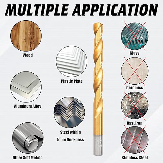 SAE 99PCS Titanium Coated Drill Bit Set, 135° Tip High Speed Steel, Twist Drill Bit Set with Storage Case for Aluminum, Copper, Soft Alloy Steel, Wood, Plastic Size from 1/16" to 3/8"