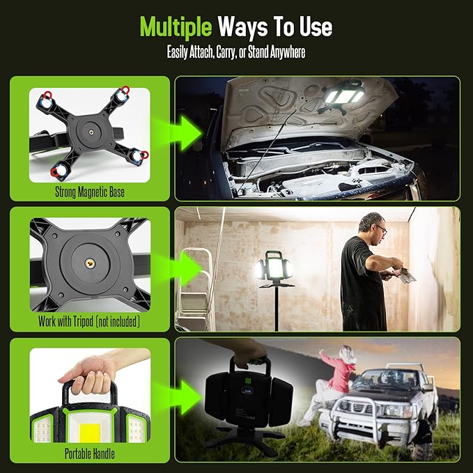 SYLSTAR 30W Rechargeable Work Light, 3000LM Magnetic Work Light with 5 Modes, 360° Rotatable&Foldable Led Work Light, Waterproof Portable Work Light for Garage, Job Site, Camping, Car Repairing