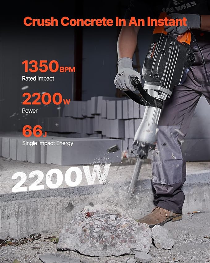 VEVOR Demolition Jack Hammer, 1350 BPM Concrete Breaker 6pcs Chisels Bit Chipping with Case, 2200W Electric Jackhammer Heavy Duty, Black