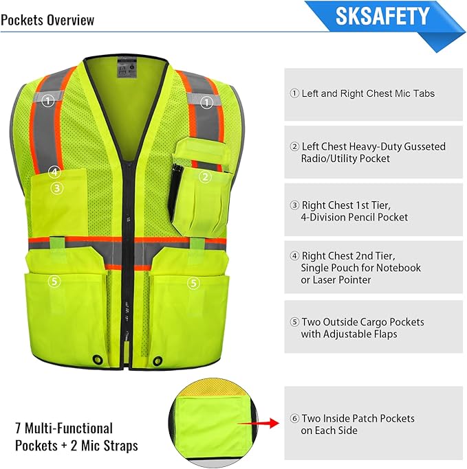 SKSAFETY 10 Pockets Professional level Safety Vest, Class 2 High Visibility Security Vest with Zipper, Hi Vis Vest with Reflective Strips, ANSI/ISEA Standard, Construction Work Vest（Lime, M）