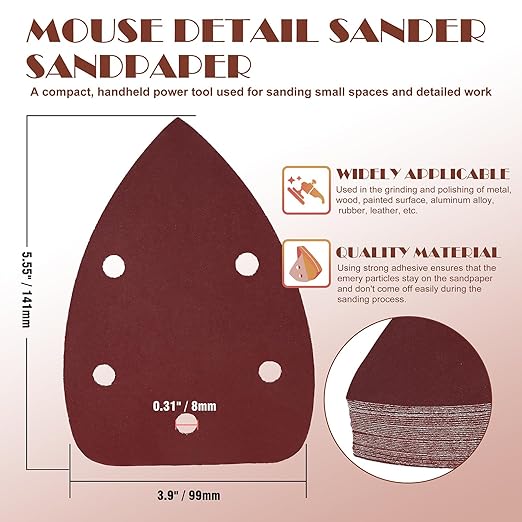 800 Grit Mouse Sander Sandpaper, Jamiikury 5 Hole Detail Sander Sandpaper Palm Sander Paper Mouse Sanding Pads Hook and Loop Sanding Sheets - Pack of 50