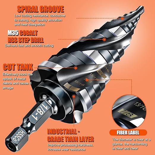 Four Spiral Flute Step Drill Bit for Metal,M35 Cobalt Unibit Step Drill Bit Set 1/4"-1" (30 pcs),Wear-Resistant AlTiN Coated,1/4" Hex Shank for Metal, Stainless Steel, Aluminum, Plastic