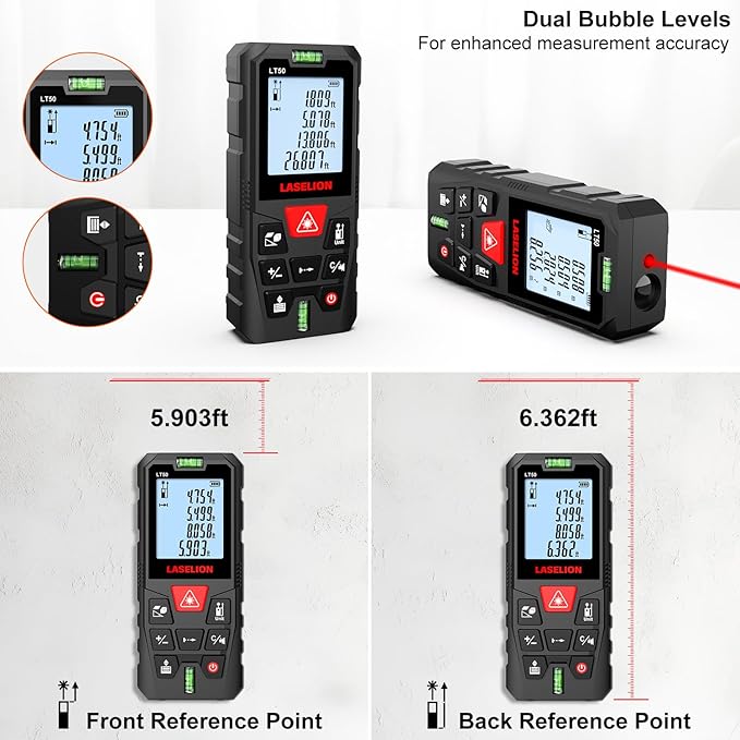 LT50 Laser Distance Meter – 50m (165ft) Range, High Accuracy, Multiple Measurement Modes, Built-in Level Bubble, and Mute Function Handle Laser Distance Measurement Tool