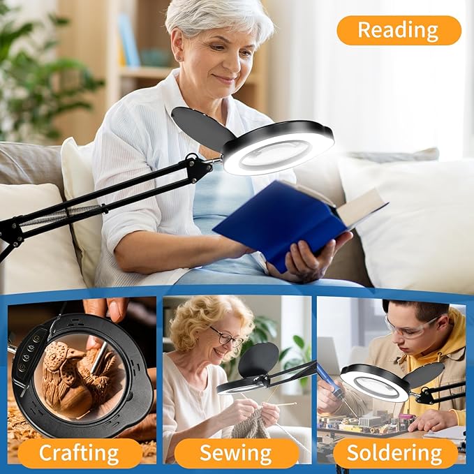 15x Magnifying Lamp with Remote & Dust Cover, Long Arm Hand Free Magnifying Glass with Light and Clamp Stand 5 Color Dimmable LED Desktop Magnifier Lamp with Light for Read Craft Hobby Close Work
