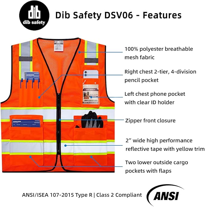 Dib Safety Reflective Mesh Vest High Visibility Two Tone with Pockets and Zipper, ANSI Class 2 Compliant, Orange Mesh with Yellow Trim S