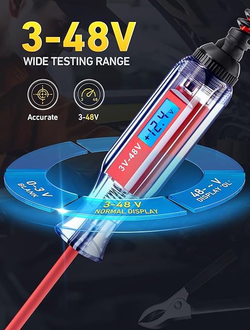 JASTIND Automotive Test Light 3-48V DC Digital LCD Circuit Tester, Bidirectional Voltage Tester with Voltmeter & 140 Inch Extended Spring Wire, Heavy Duty Electric Tester for Car Fuse, Battery