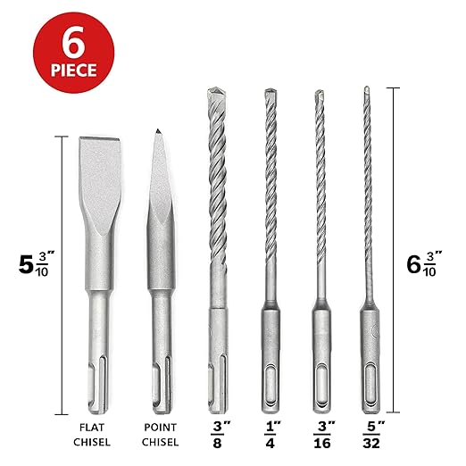 6Pcs SDS Plus Rotary Hammer Drill Bit Set,Concrete Drill Bit Kit with Point Chisel,Flat Chisel,Cross Type Double Thread Carbide Material for Concrete,Stone,Brick,5/32 3/16 1/4 3/8"