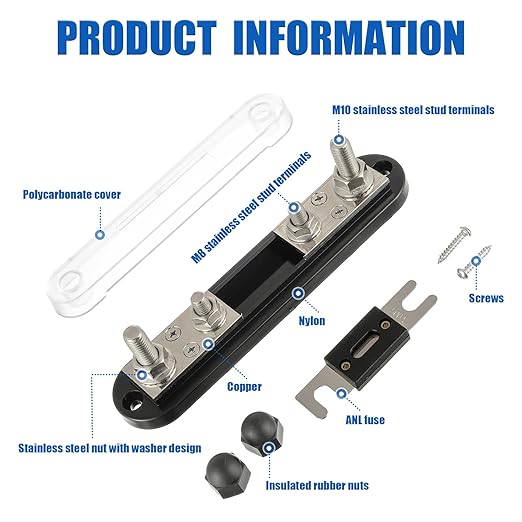 BOJACK ANL Fuse Holder with 500 Amp ANL Fuse, ANL Fuse Block with 2 Pieces 500A ANL Fuse, M10 Stud Terminals Maximum Current 750A, for Trucks, Cars, Ships, etc.