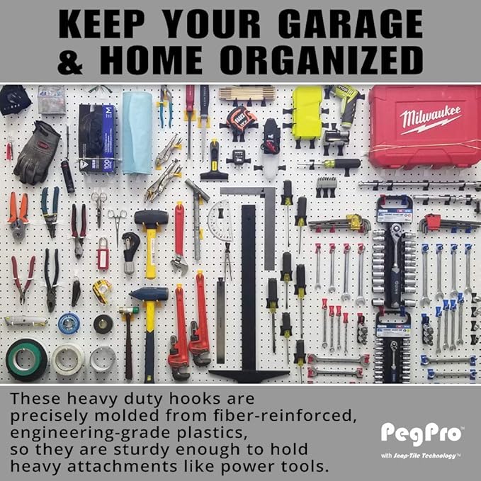 PegPro® J Hooks Kit for Standard “Wood Fiber” pegboard – Durable Plastic Pegboard Hooks - for Garage, Kitchen, Craft Room, and More (J Hook - 24 Pack, Black)