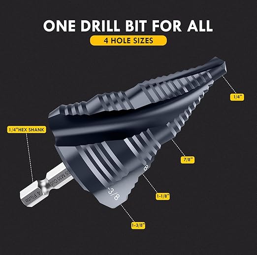 Four Sprial Flute M35 Cobalt Step Drill Bit, 1/4"-1-3/8" Ultra TiAIN Coated Unibit Step Bit, 1/4" Hex Shank Drill Bit for Metal, Stainless Steel, Aluminum, Copper, Wood, PVC