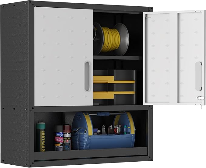 Garage Wall Cabinet Metal Storage Cabinet with Lock Wall Mounted Heavy Duty Steel Tool Cabinet with Doors and Shelf Hanging Cabinets for Garage Warehouse Bathroom Kitchen,Assembly Required