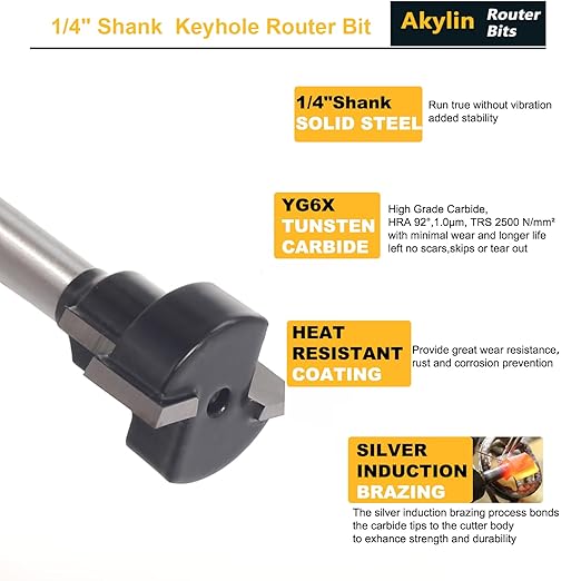 5pcs Keyhole Bit Set, 1/4-Inch Shank, 8.5-10.5-13.5-17.5-19.5mm Cut Diameter Keyhole Router Cutter Bit,for M5, M6, M8, M10, and M12 T-Track Slotting Milling Cutters
